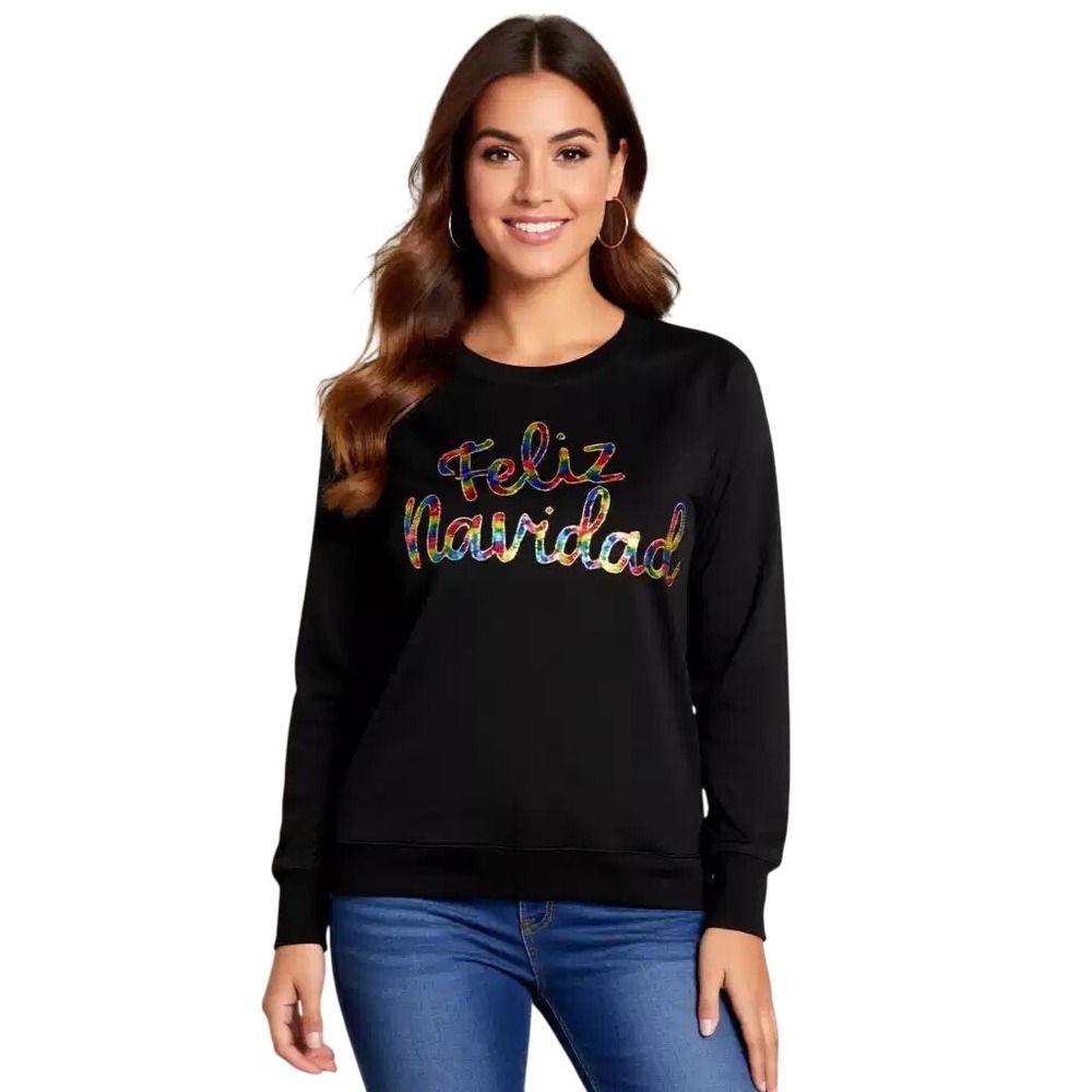 Philosophy Feliz Navidad Sequin Sweatshirt Black Multi Color Pullover M NWT